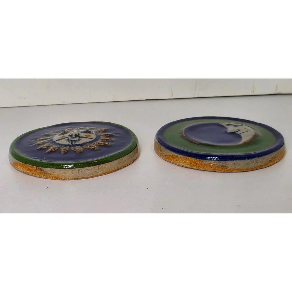 Mexican Stoneware Sun Moon Set Hand Painted Ornament Tile Celestial Y2K Aztec